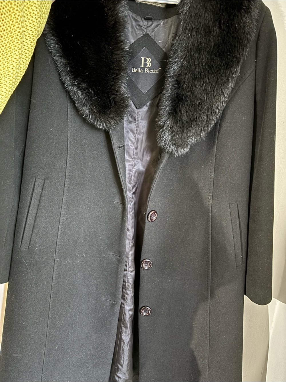 Black Wool Pea Coat with Faux Fur Collar